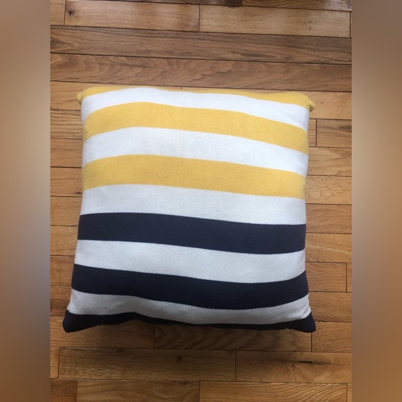 Knitted striped decorative throw pillow. Yellow, navy & cream. - Picture 3 of 8